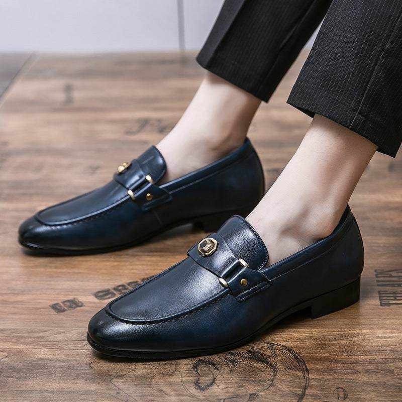 Elegante Polished Loafer Herrenschuhe aus Kunstleder in dunklem Blau mit mittlerem Absatz