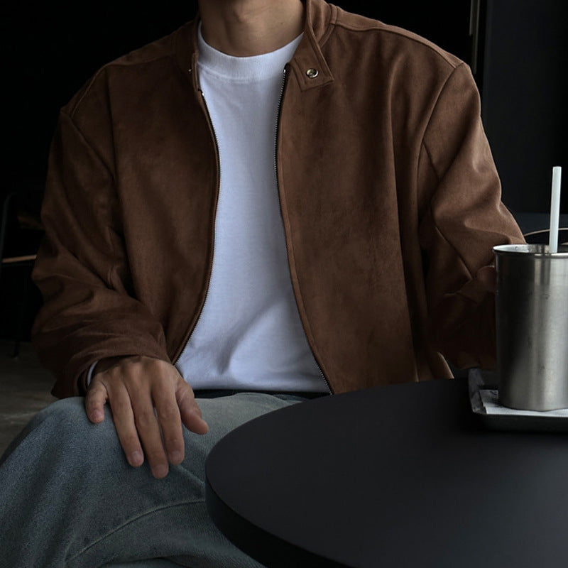 Brown Maillard Stand-up Collar Jacket (Cloth)