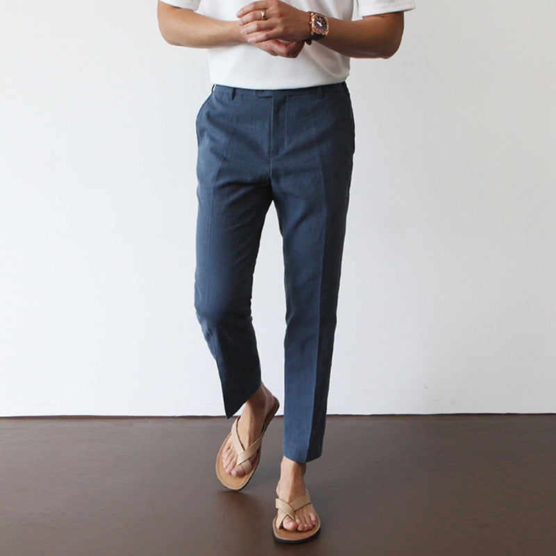 Men Cotton Fabric Cropped Linen Trousers