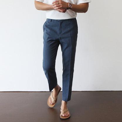 Men Cotton Fabric Cropped Linen Trousers