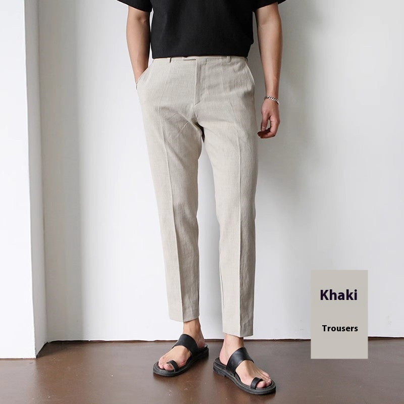 Men Cotton Fabric Cropped Linen Trousers