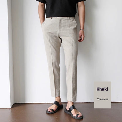 Men Cotton Fabric Cropped Linen Trousers