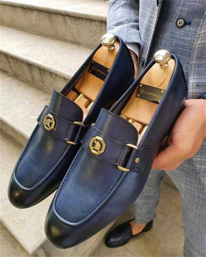 Polished Loafer Lazy Shoes Herren Business Slipper aus blauem Kunstleder mit quadratischer Spitze und Metallelementen