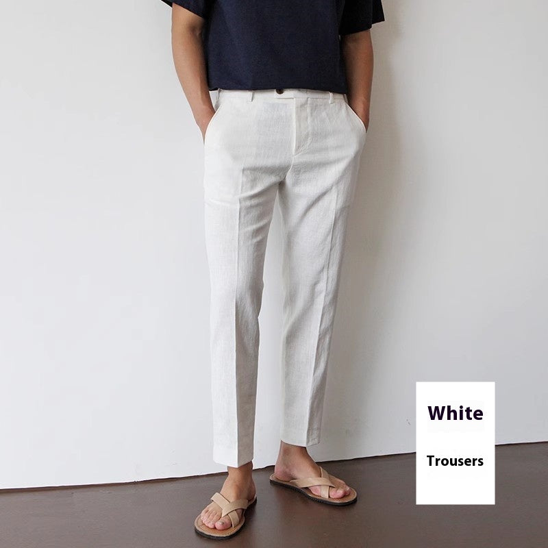 Men Cotton Fabric Cropped Linen Trousers