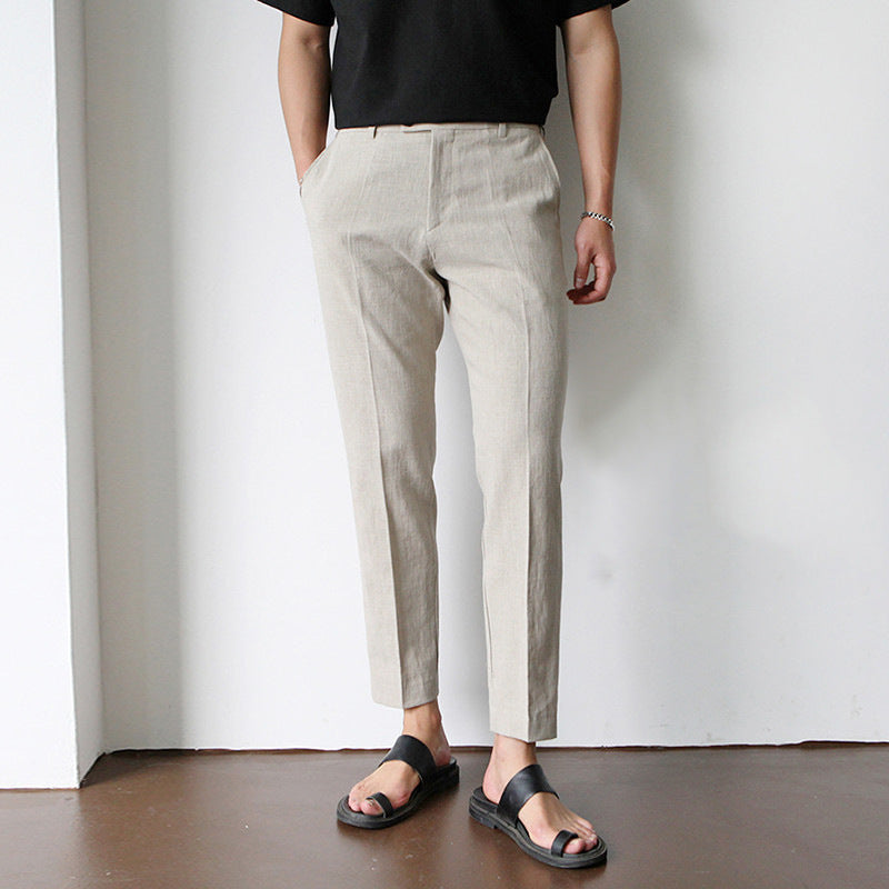 Men Cotton Fabric Cropped Linen Trousers