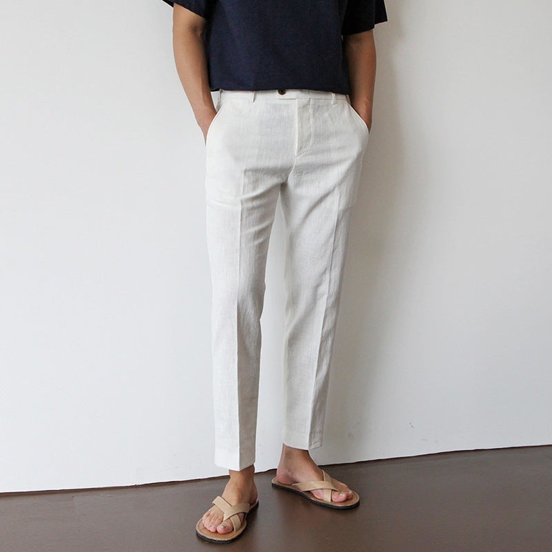 Men Cotton Fabric Cropped Linen Trousers