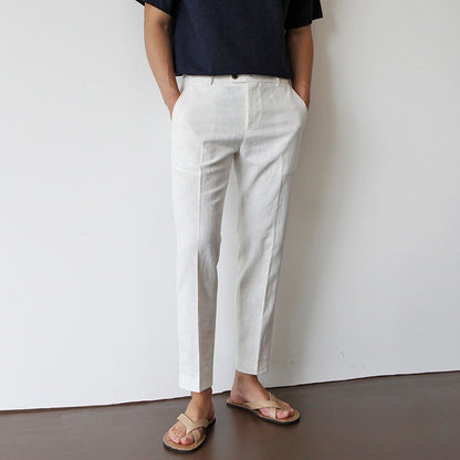 Men Cotton Fabric Cropped Linen Trousers