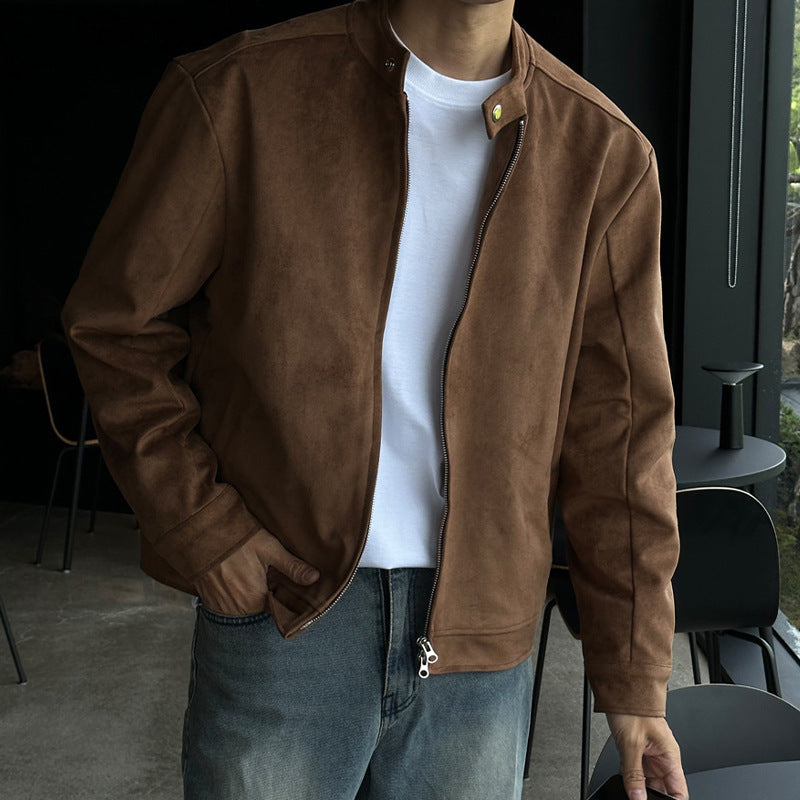 Brown Maillard Stand-up Collar Jacket (Cloth)